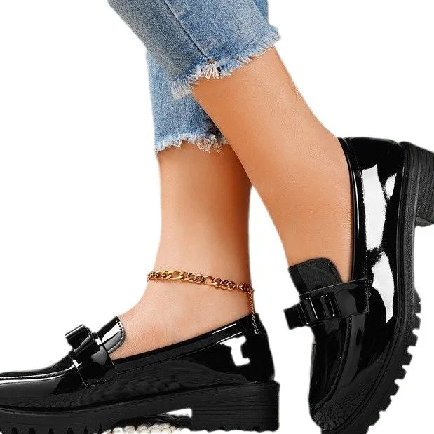 2025 new patent leather shiny surface tassel mid heel retro loafers European and American fashionable casual single shoes - الصورة 5