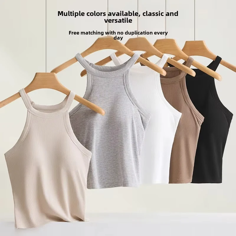 S-XL Threaded Halter Neck Camisole Top With Build-in Bra High Elastic Slim-fitting Sling Fixed Cup Breathable Women Underwear - الصورة 2